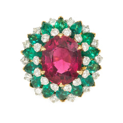 Bulgari, Italy rubellite tourmaline, emerald and diamond ring