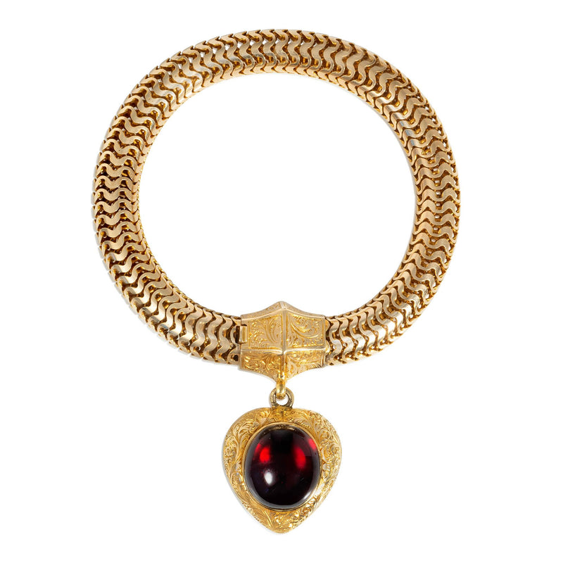 Antique snake chain bracelet with garnet heart charm
