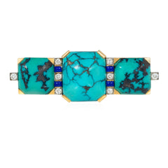 Art Deco turquoise, lapis and diamond bar brooch