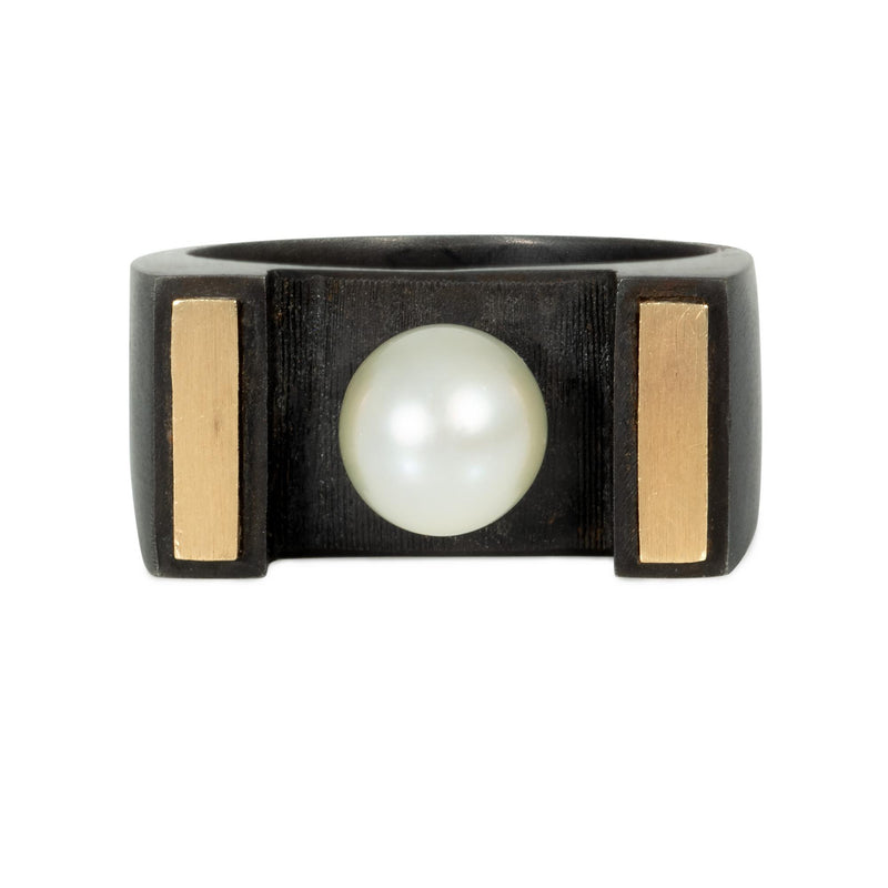 Marsh steel, gold and pearl ring