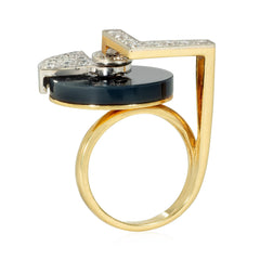Onyx, gold and diamond spinner ring