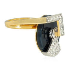 Onyx, gold and diamond spinner ring