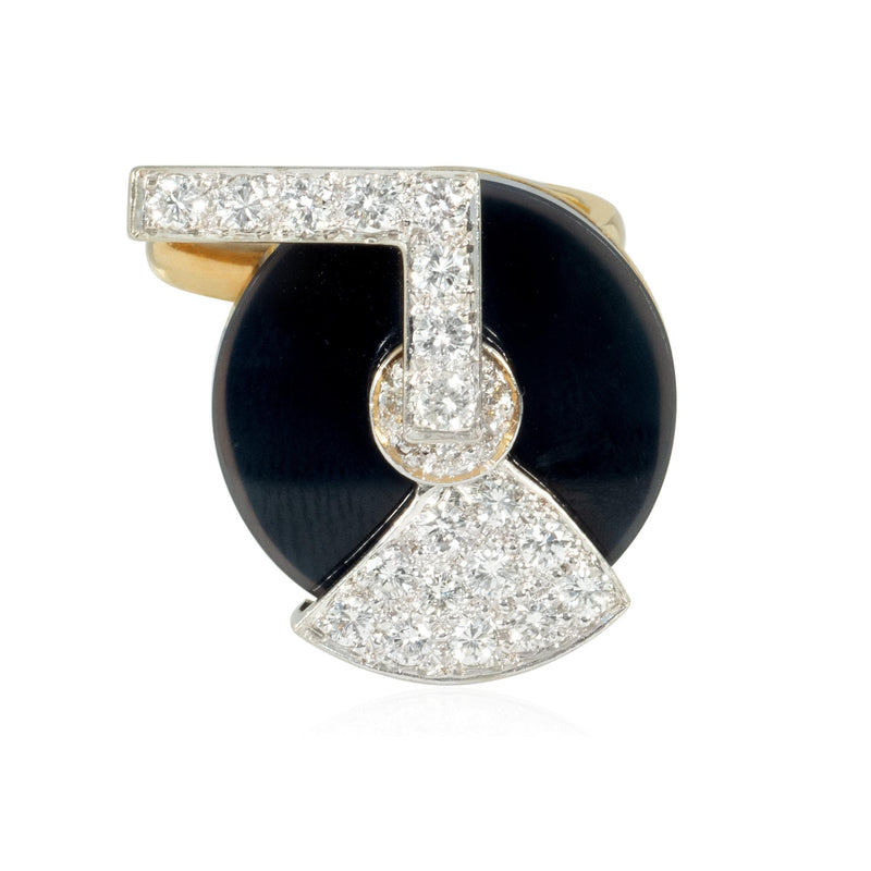 Onyx, gold and diamond spinner ring