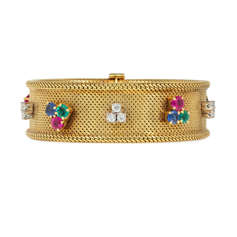 Mid-Century gold and multi-gem trefoil bracelet