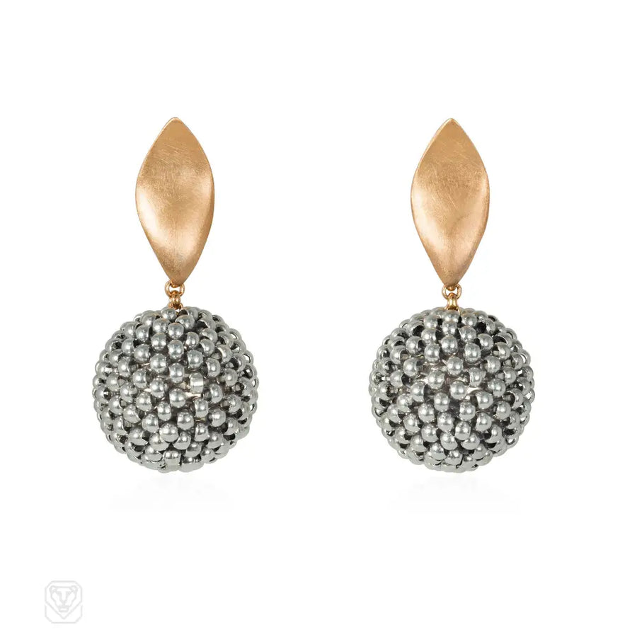 A Pair Of Handmade Beaded Ball Earrings Comprising Rare Anti...