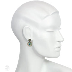 A pair of handmade double ball earrings with green-black gla...