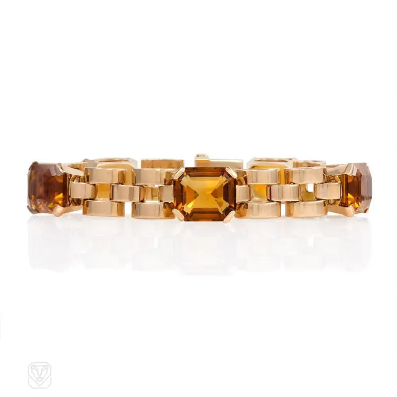 A Retro Gold And Citrine Link Bracelet