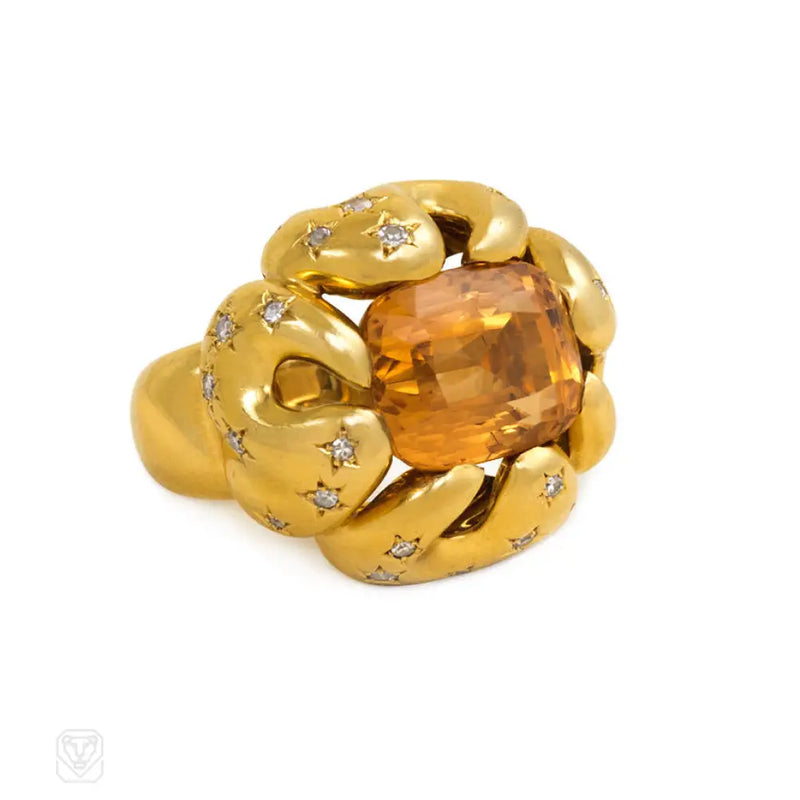 A Retro Gold Diamond And Topaz Ring Italy