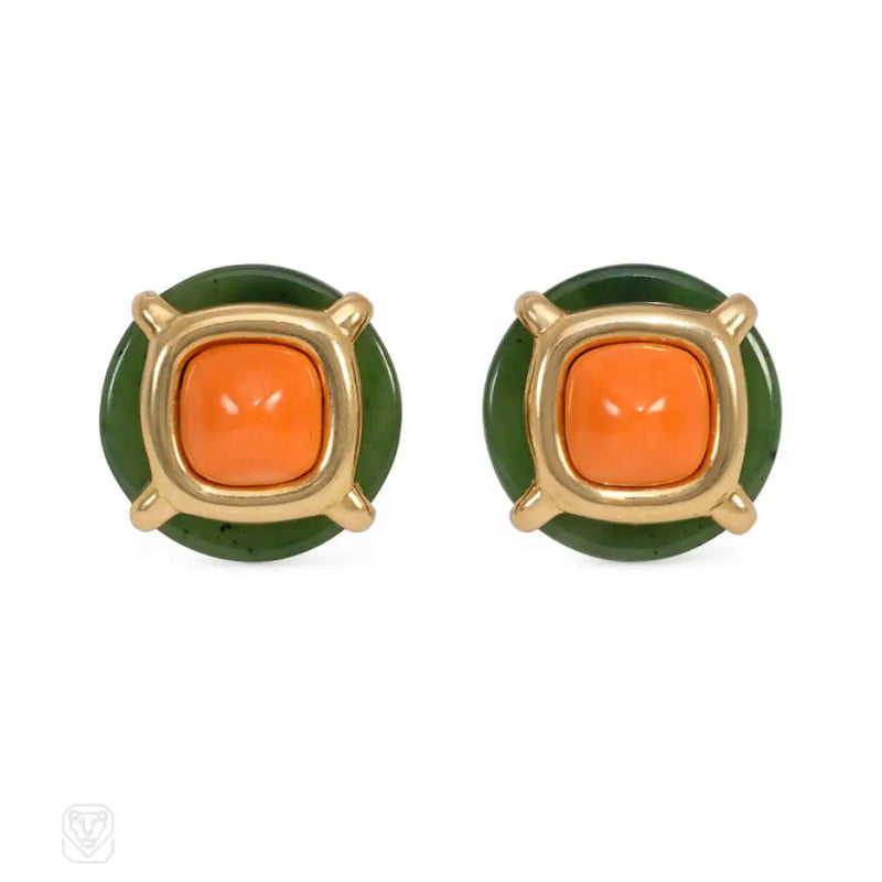 Aldo Cipullo For Cartier Nephrite Jade And Coral Earrings