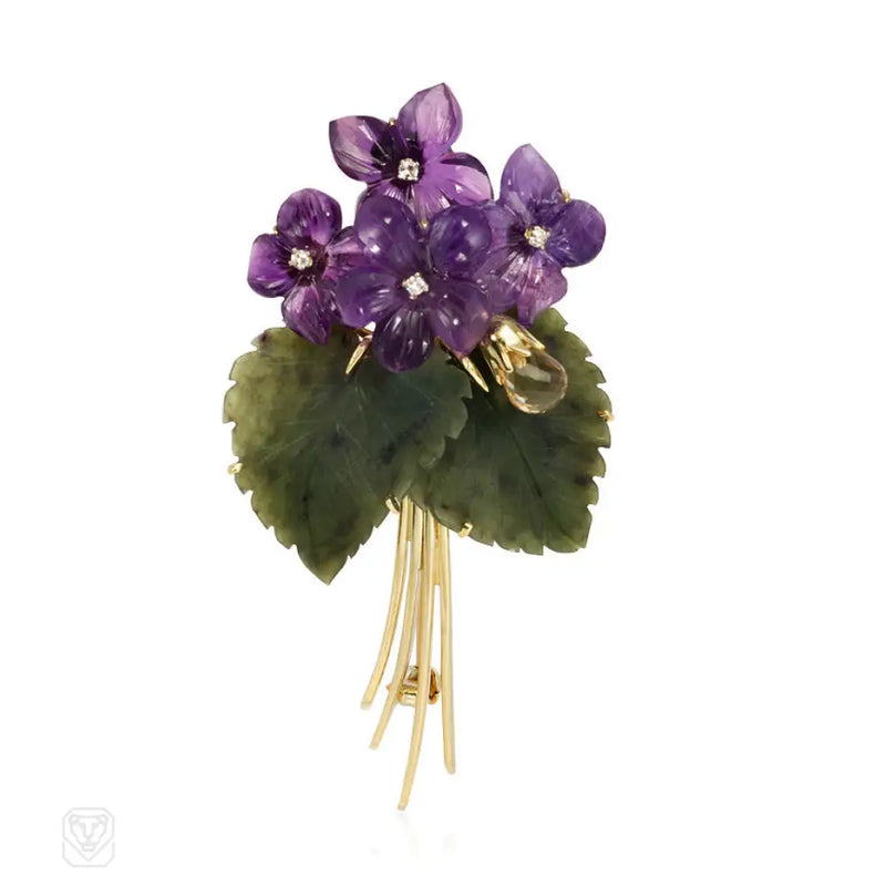 Amethyst And Nephrite Flower Bouquet Brooch