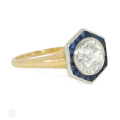 An antique hexagonal diamond and sapphire ring