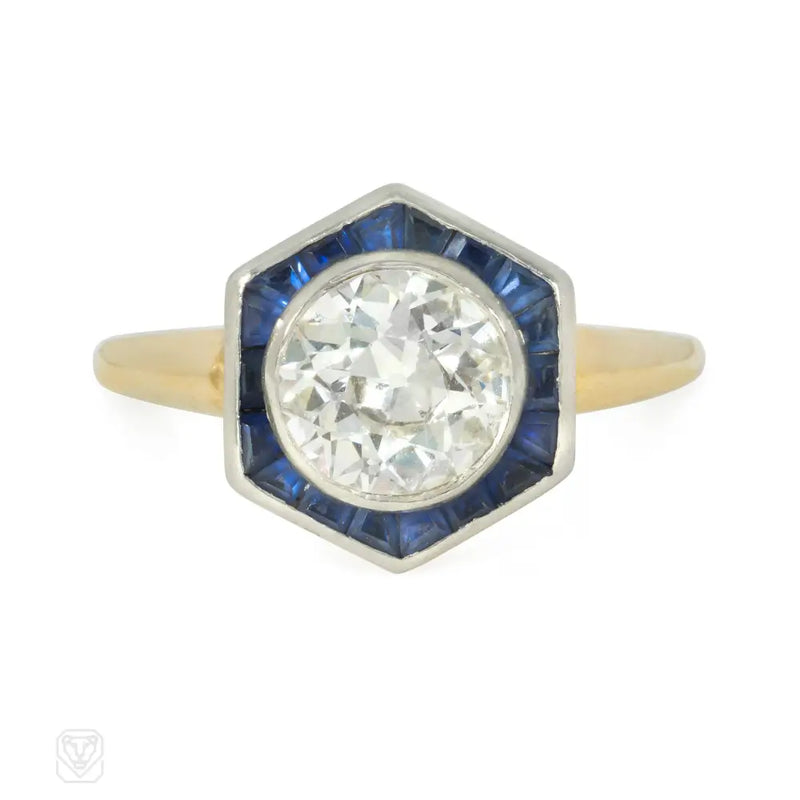 An Antique Hexagonal Diamond And Sapphire Ring
