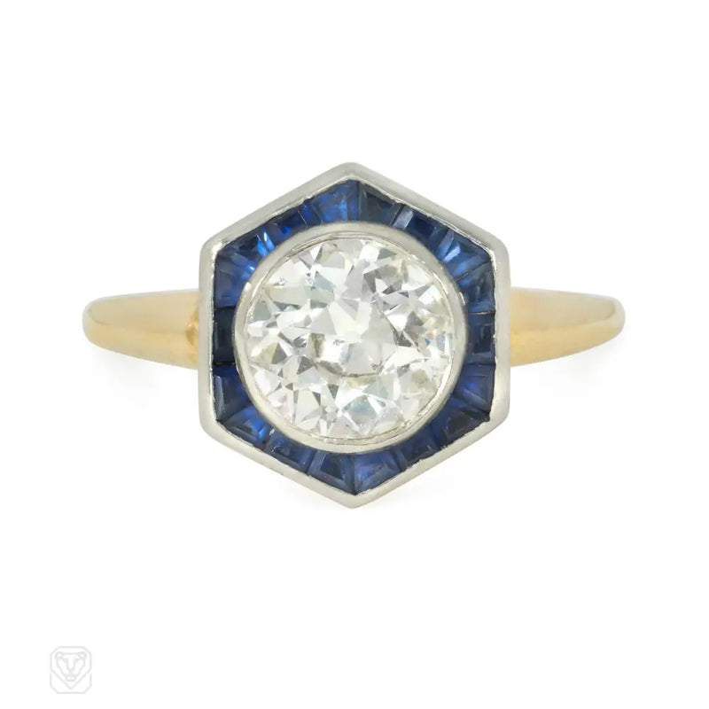 An Antique Hexagonal Diamond And Sapphire Ring