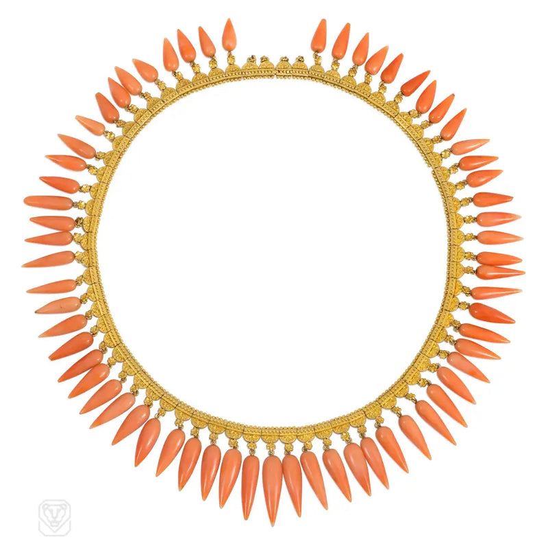 An Etruscan Revival fringe necklace comprised of granulated...