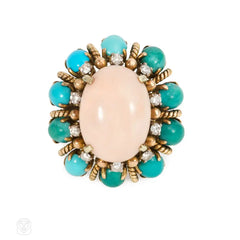 Angel skin coral and turquoise cluster ring