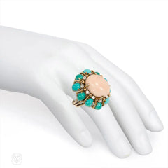 Angel skin coral and turquoise cluster ring