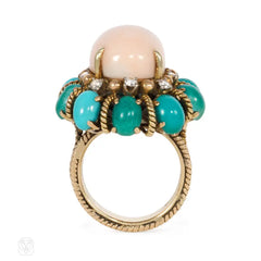 Angel skin coral and turquoise cluster ring