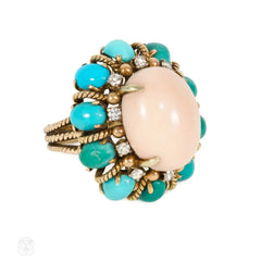 Angel skin coral and turquoise cluster ring