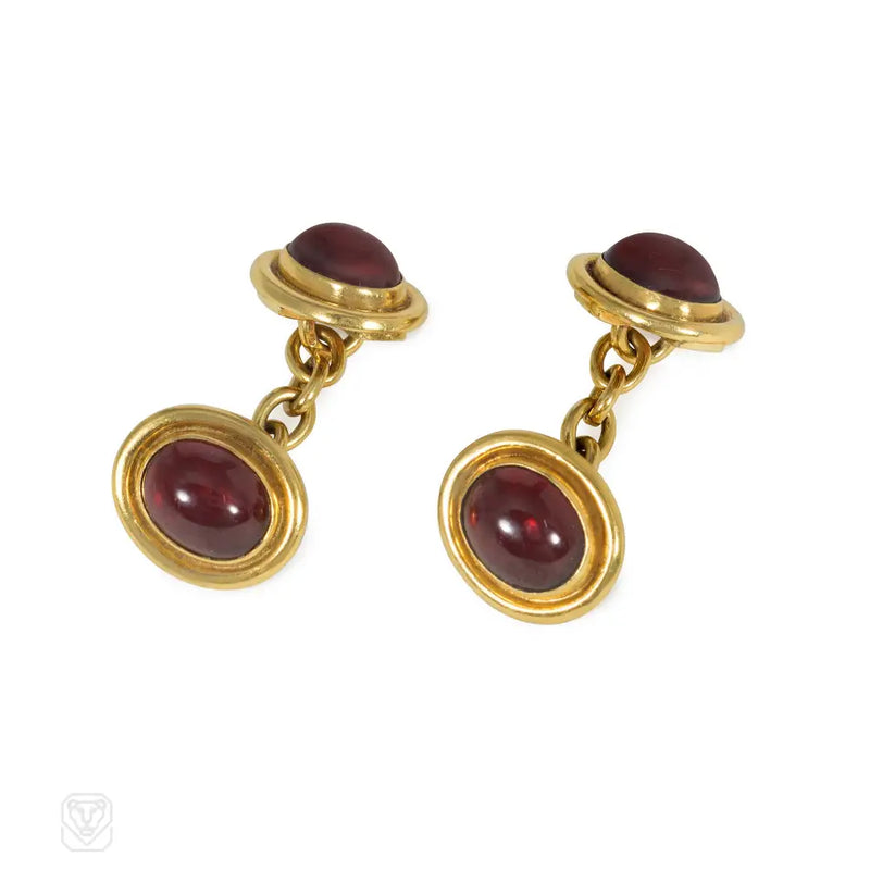 Anrtique English Cabochon Garnet And Gold Cufflinks