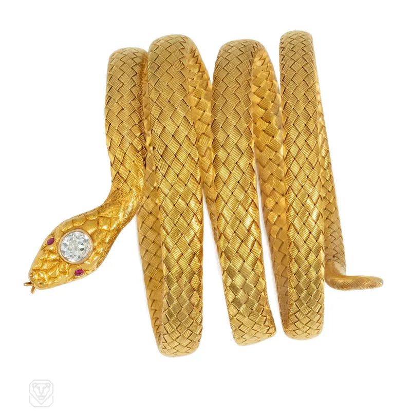 Antique adjustable gold and diamond snake bracelet