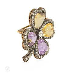 Antique amethyst, citrine, and diamond four-leaf clover brooch