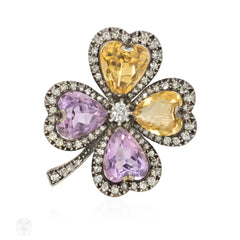 Antique amethyst, citrine, and diamond four-leaf clover brooch