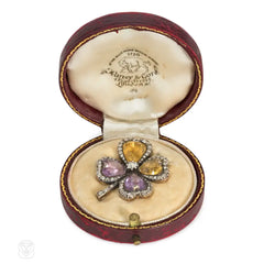 Antique amethyst, citrine, and diamond four-leaf clover brooch
