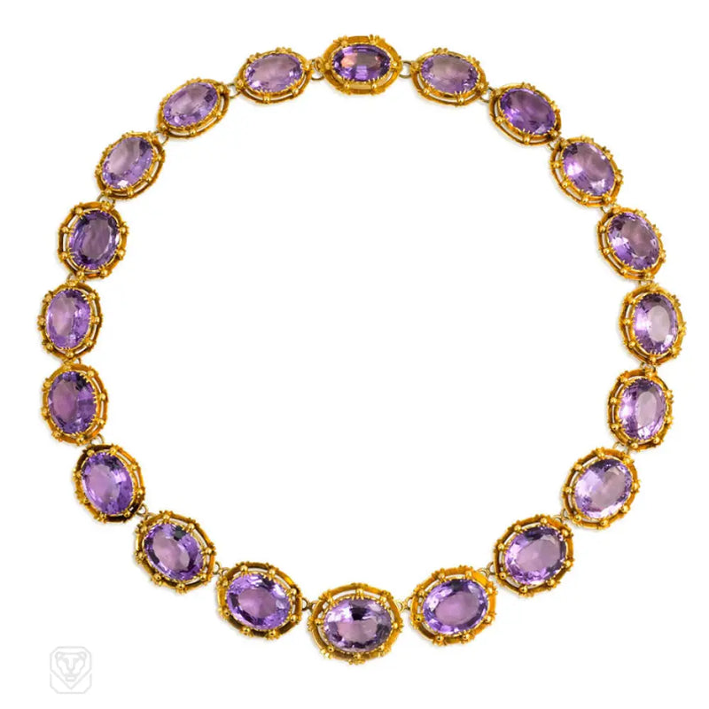 Antique Amethyst Rivière With Scalloped Gold Frames