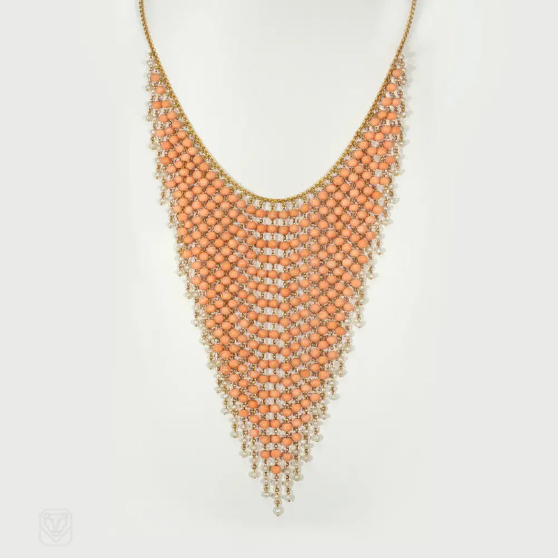 Antique angelskin coral and pearl fringe necklace