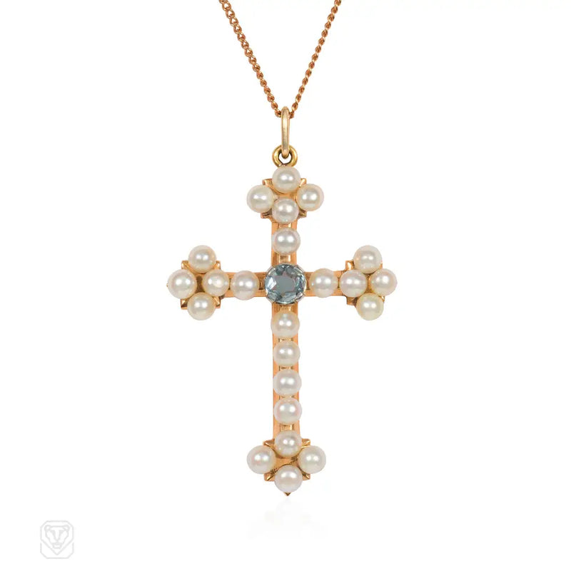 Antique Aquamarine And Pearl Cross Pendant