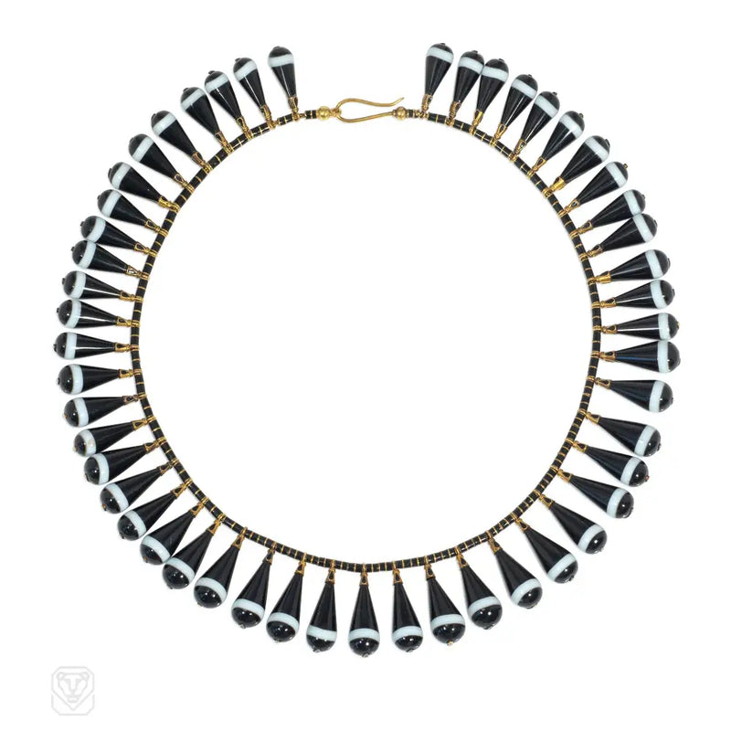 Antique Banded Agate And Gold Bib Necklace