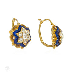 Antique blue enamel and diamond cluster earrings