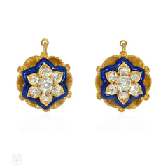 Antique blue enamel and diamond cluster earrings