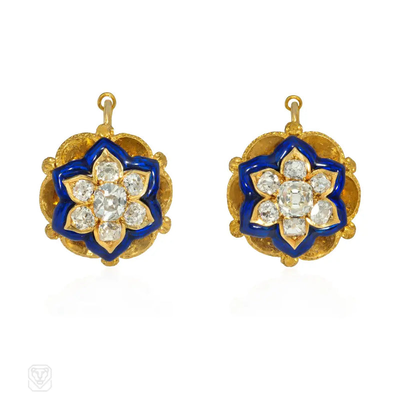 Antique Blue Enamel And Diamond Cluster Earrings