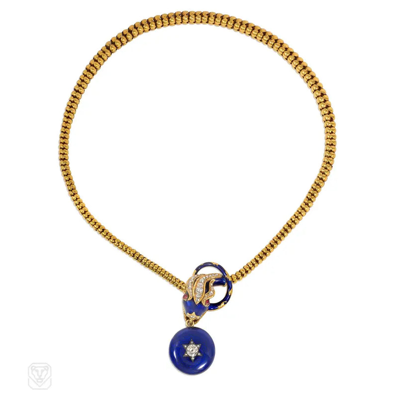 Antique Blue Enamel And Diamond Snake Necklace