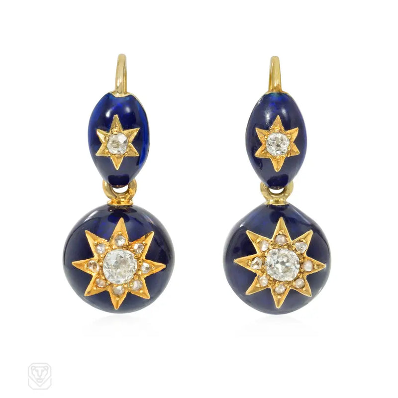 Antique blue enamel and diamond star earrings