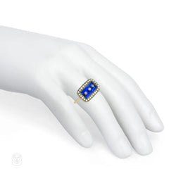 Antique blue enamel, diamond, and pearl ring