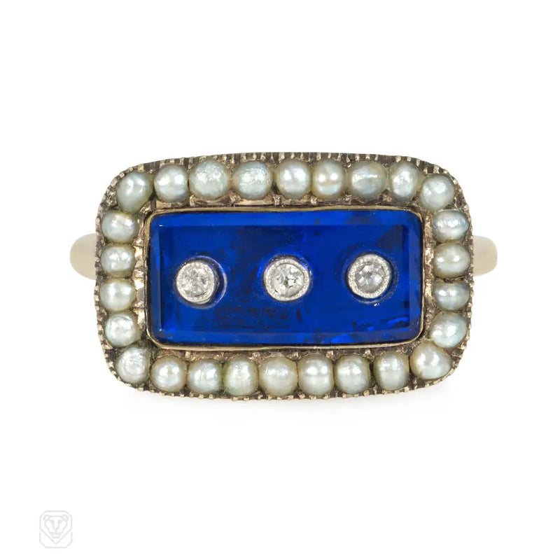 Antique Blue Enamel Diamond And Pearl Ring