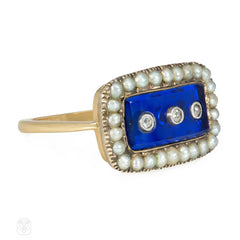 Antique blue enamel, diamond, and pearl ring