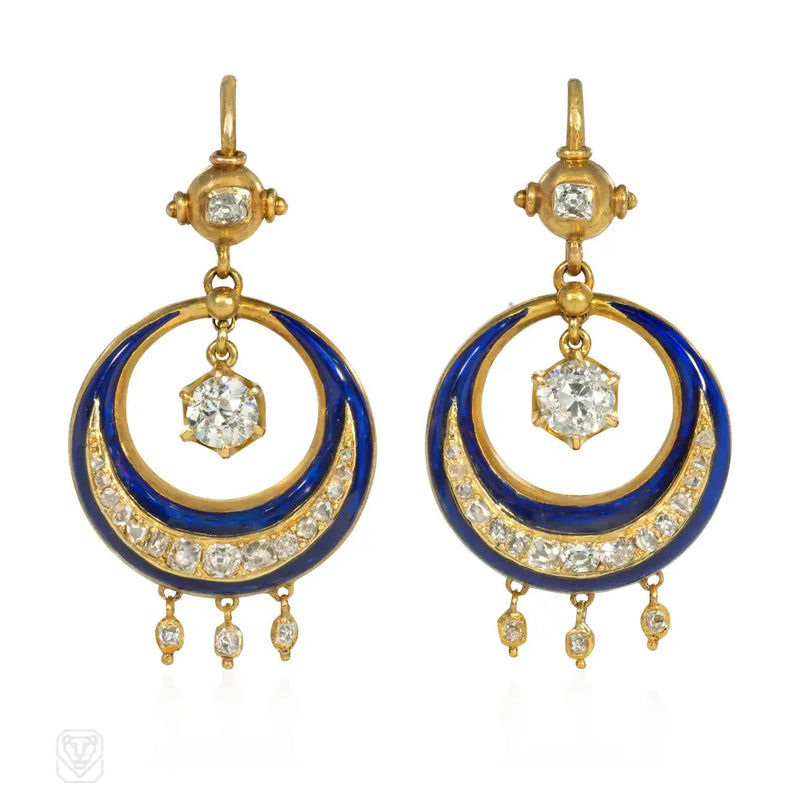 Antique Blue Enamel Gold And Diamond Hoop Earrings