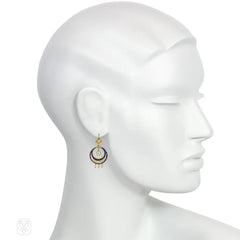 Antique blue enamel, gold, and diamond hoop earrings