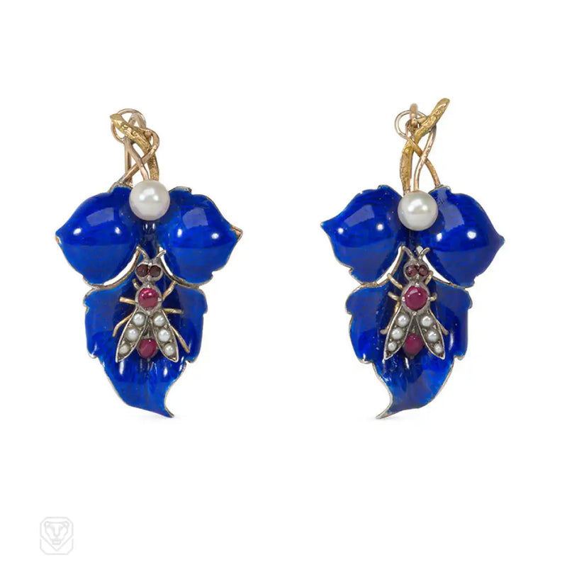Antique Blue Enamel Gold And Silver Leaf Earrings
