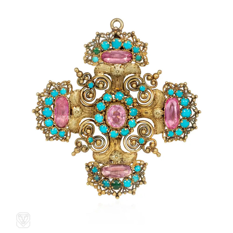 Antique cannetille work topaz and turquoise pendant