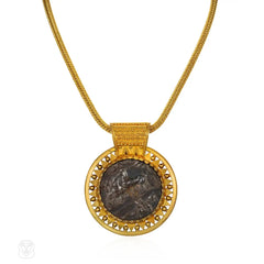 Antique Carlo Giuliano gold and silver Etruscan Revival decadrachm coin necklace