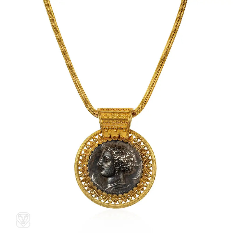Antique Carlo Giuliano gold and silver Etruscan Revival decadrachm coin necklace