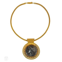 Antique Carlo Giuliano gold and silver Etruscan Revival decadrachm coin necklace