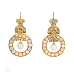 Antique circular pearl and diamond pendant earrings