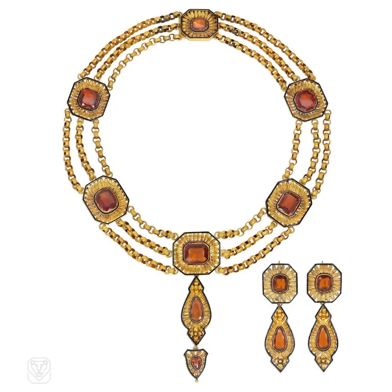 Antique Hessonite Garnet Necklace And Earrings