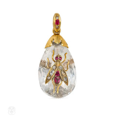 Antique crystal and gem insect pendant