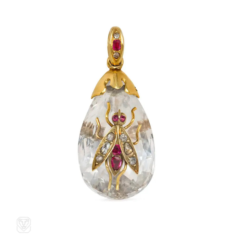 Antique Crystal And Gem Insect Pendant